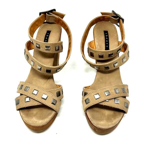 Theory Tan Studded Ankle Wrap Heels - Picture 10 of 12